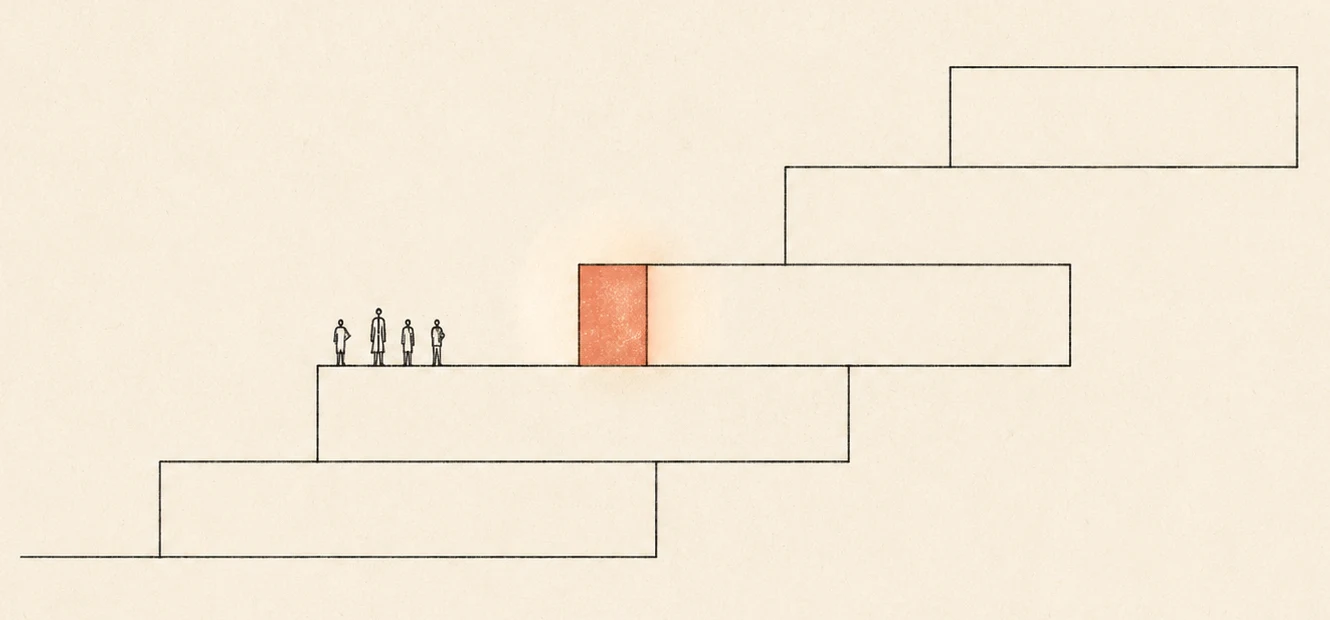 A rising staircase of wide steps with a small group of figures standing on the second step, and the riser to the third step glowing terracotta — trajectory literacy, the missing rung
